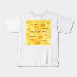 Thanksgiving Harvest Blessings Word Art  - Grateful Blessed Thankful with Orange Autumn Leaves Kids T-Shirt